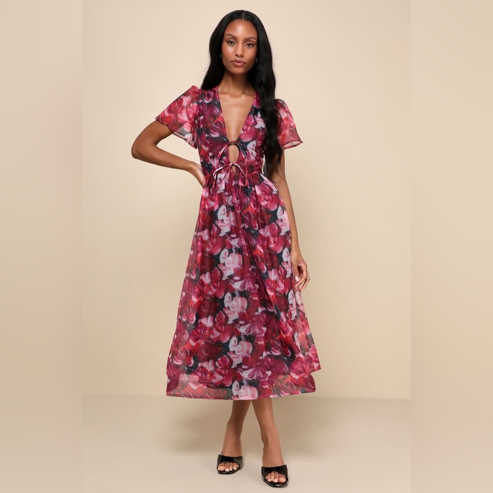 Lulu's Floral Midi Dress in Red and Pink